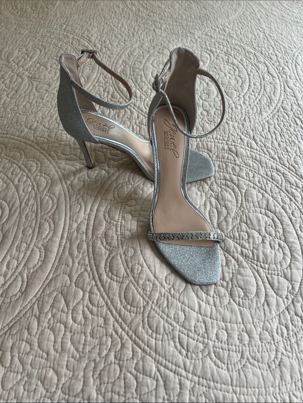 Badgley Mischka Silver Glitter Ankle-Strap Stiletto Sandals
